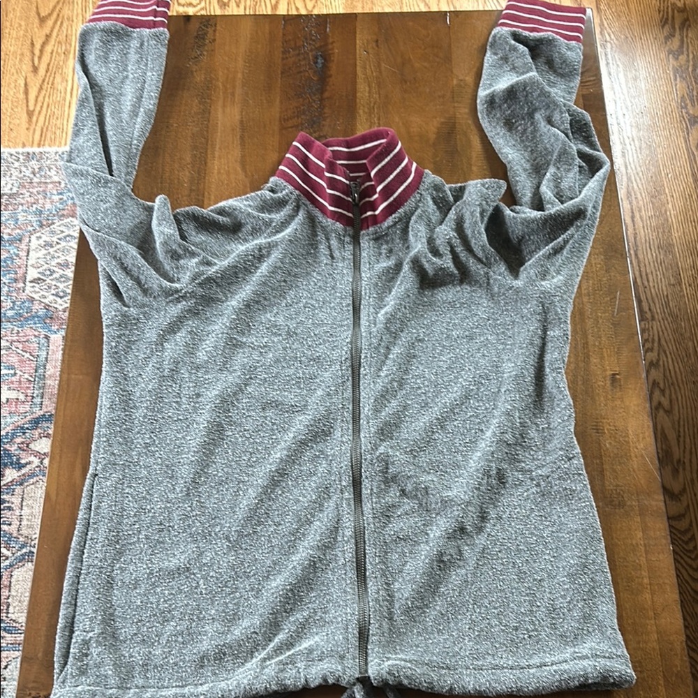Gray Jacket with Maroon Striped Collar